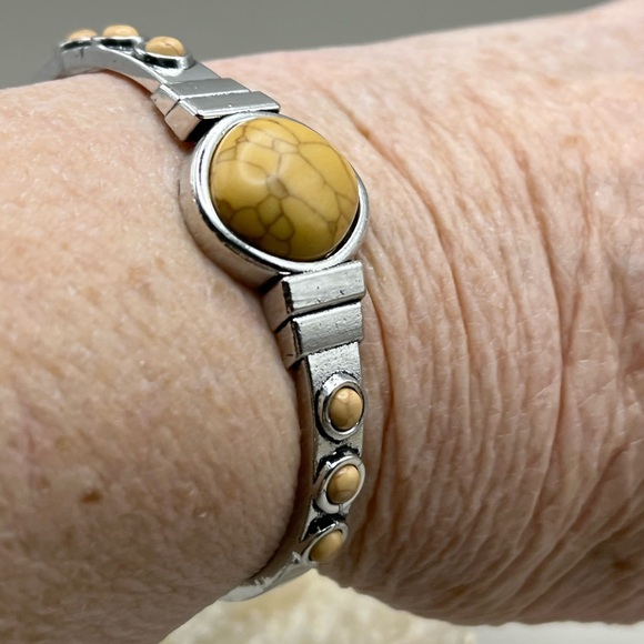 Silver and Yellow Howlite GemStone Women's Bracelet - Bohemian Statement - Picture 4 of 4